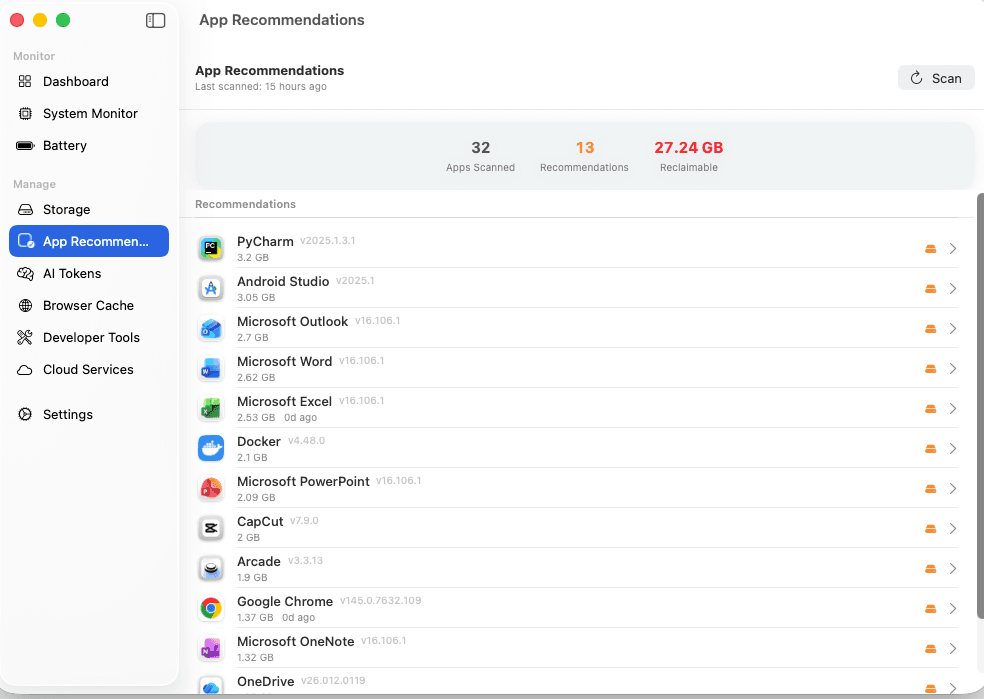 App recommendations showing 32 apps scanned, 13 recommendations, 27GB reclaimable