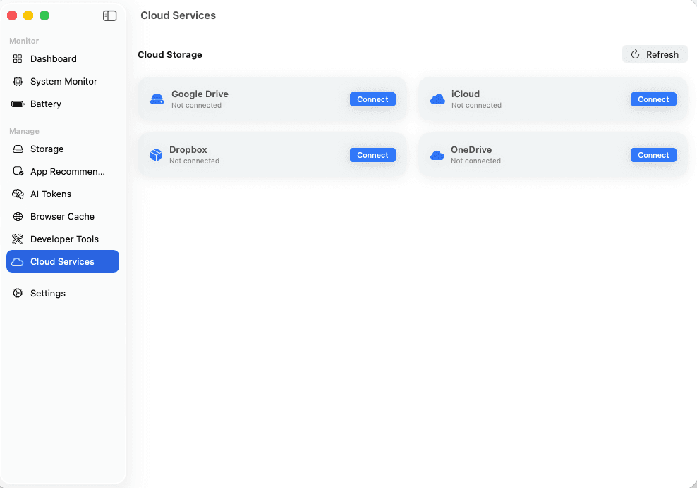 Cloud Services dashboard for Google Drive, Dropbox, OneDrive, iCloud