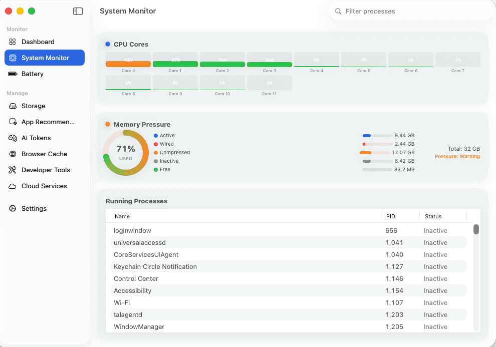 Mac Analyser Dashboard showing CPU, RAM, Disk, and Battery gauges