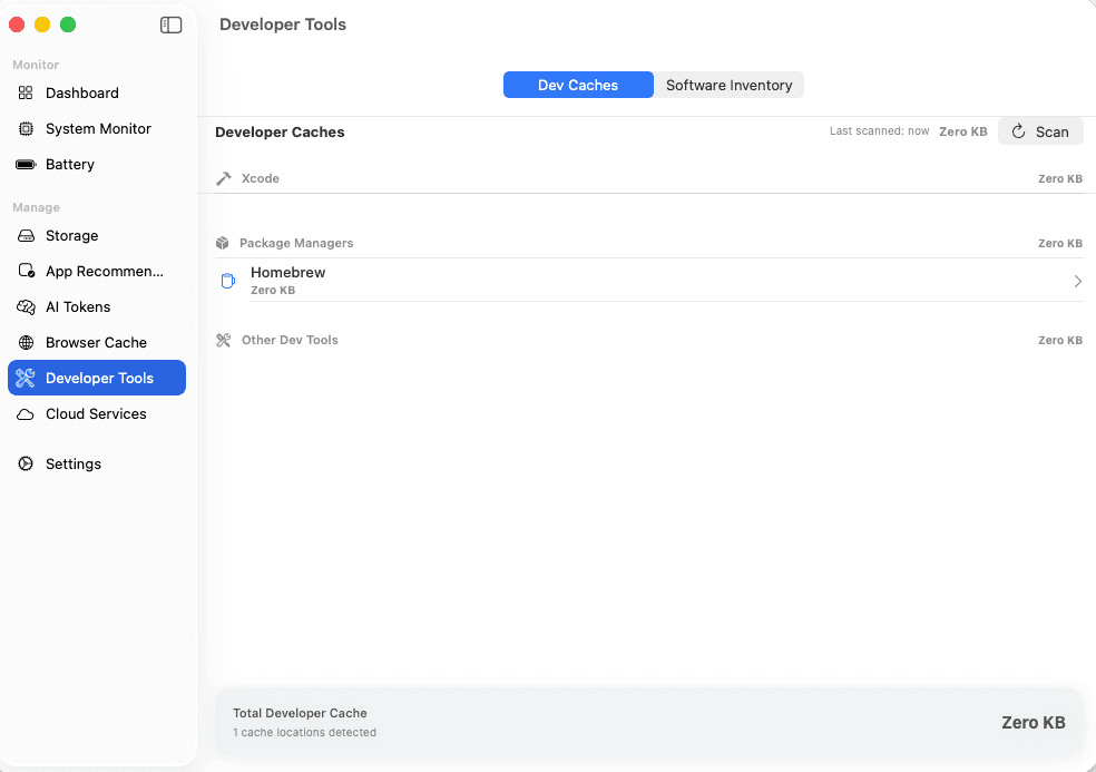 Developer Tools showing cache sizes for Xcode and package managers