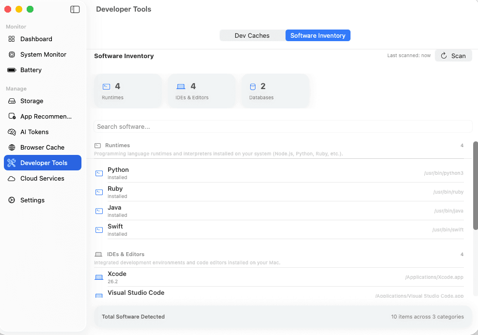 Software inventory showing runtimes, IDEs, and databases
