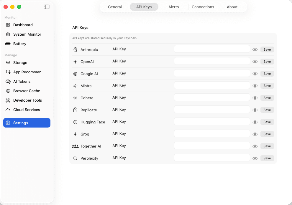 API key configuration for 10+ AI providers